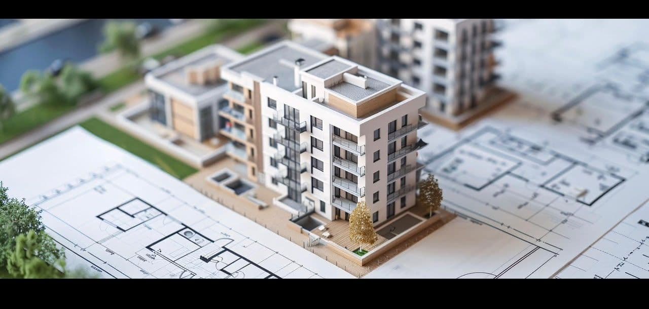 Modern residential apartment development in Lagos, Nigeria, with completed luxury apartments beside an unfinished building under construction, scaffolding, workers and a tower crane.