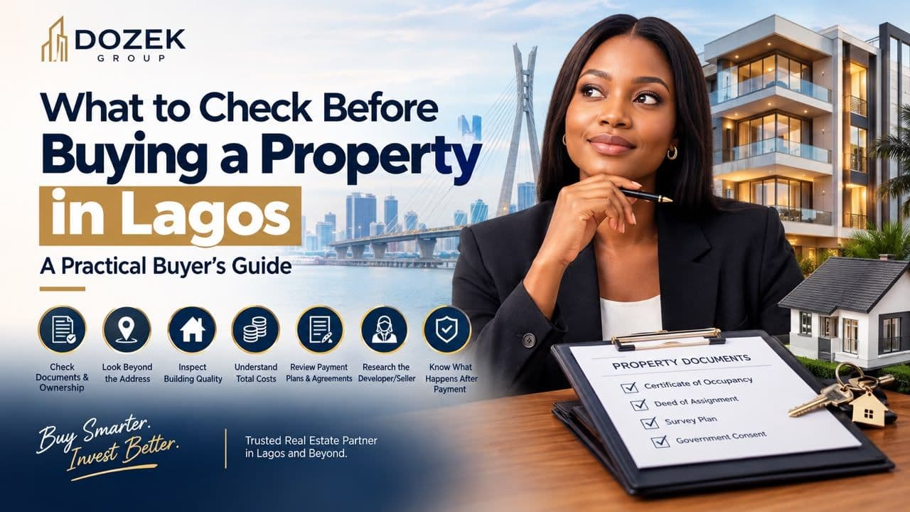 Dozek Group real estate thumbnail featuring a modern Lagos property, a professional woman, and a property document checklist, highlighting what to check before buying property in Lagos.